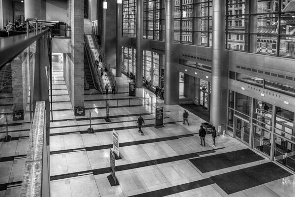 Black and white photo of the Philadeloa Convention Center